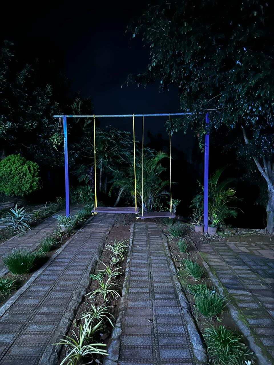 Garden swing beside the walkway